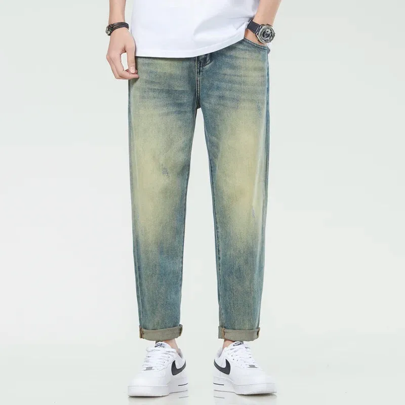 Stretch Jeans Men Harem Pants Retro Blue Tapered 2024 Summer Ankle Length Streetwear Scratches Men's Clothing Cropped Jeans