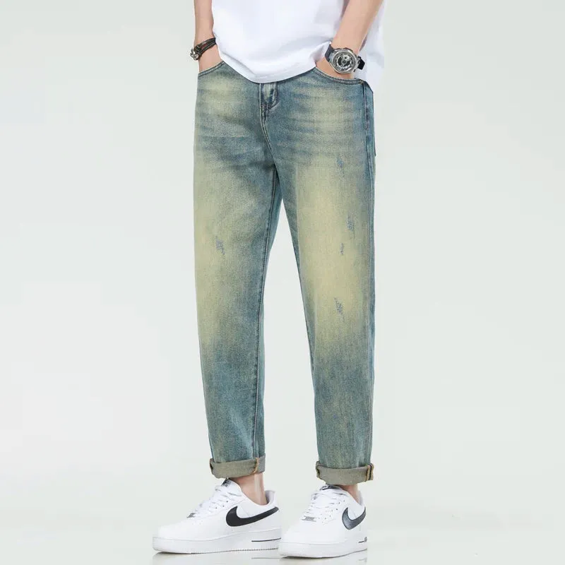 Stretch Jeans Men Harem Pants Retro Blue Tapered 2024 Summer Ankle Length Streetwear Scratches Men's Clothing Cropped Jeans