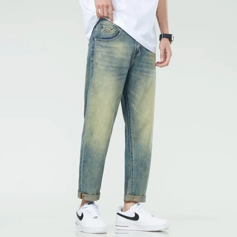Stretch Jeans Men Harem Pants Retro Blue Tapered 2024 Summer Ankle Length Streetwear Scratches Men's Clothing Cropped Jeans