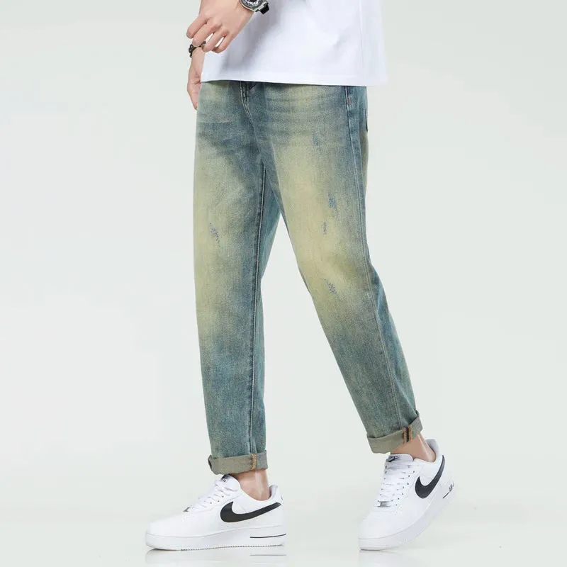 Stretch Jeans Men Harem Pants Retro Blue Tapered 2024 Summer Ankle Length Streetwear Scratches Men's Clothing Cropped Jeans