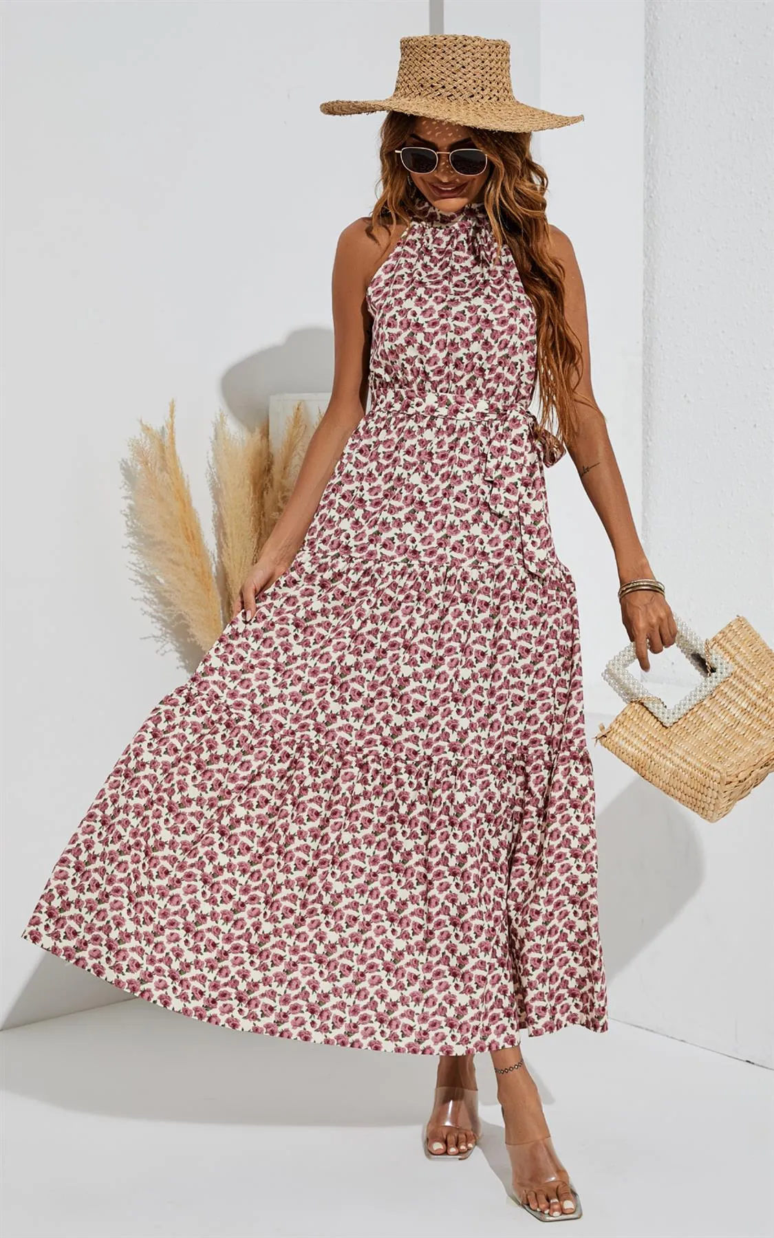 Tie Back Halter Neck Maxi Layer Dress In Pink Flora Print