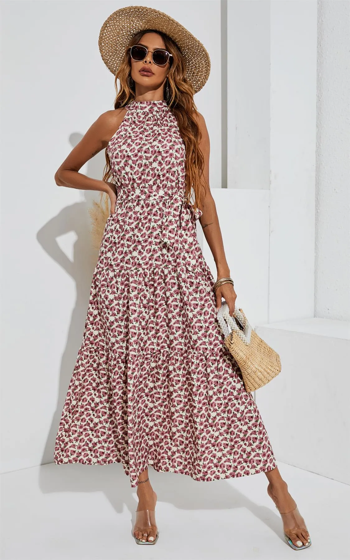 Tie Back Halter Neck Maxi Layer Dress In Pink Flora Print