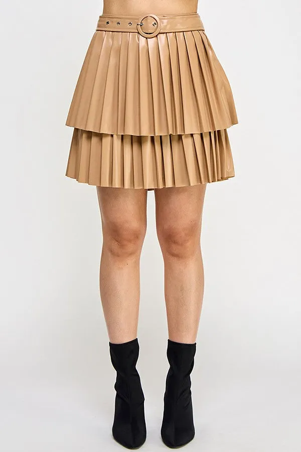 Tiered Pleated Faux Leather Skirt