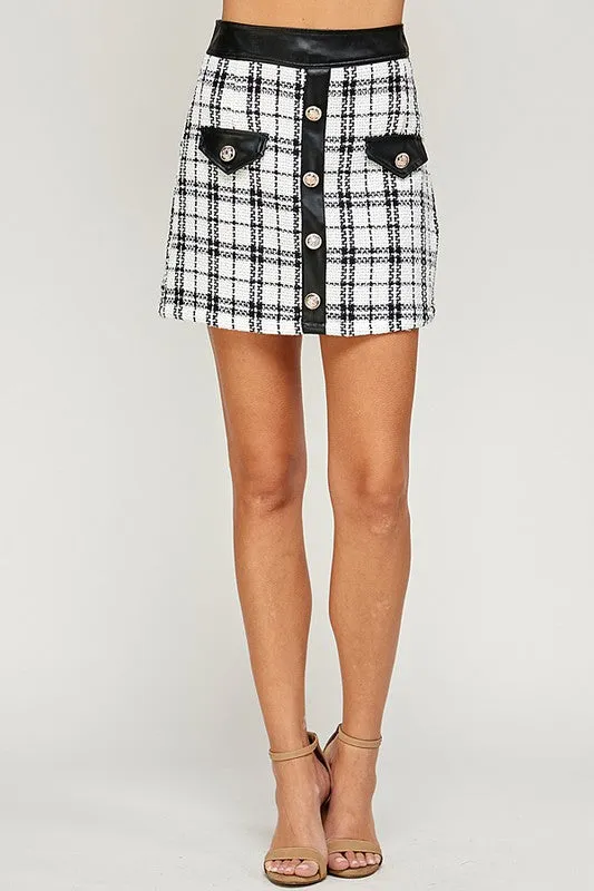 Tweed Leather Detail Skirt