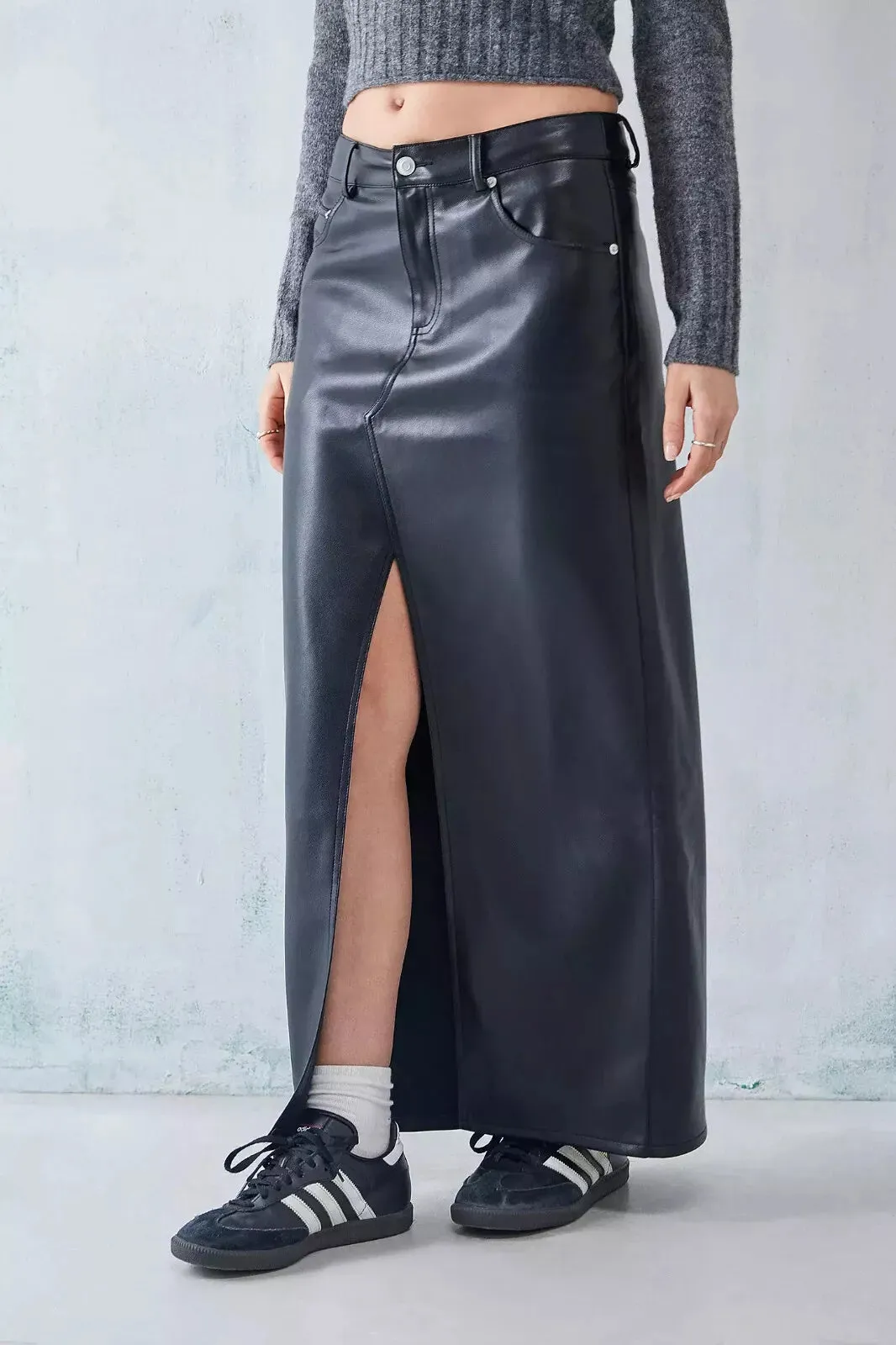 Urban Outfitters Black Split Front Faux Leather Maxi Skirt UK XS