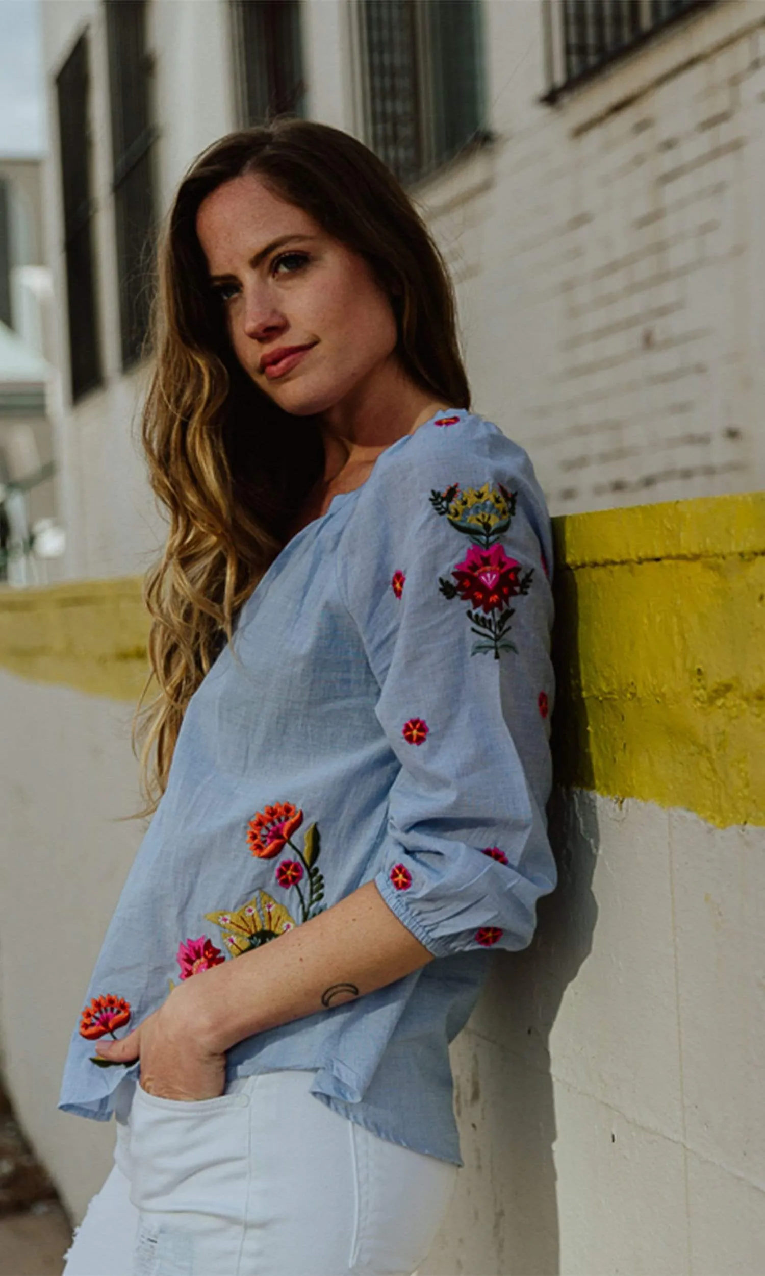 Velvet by Graham & Spencer Arabelle Kali Embroidered Chambray Top