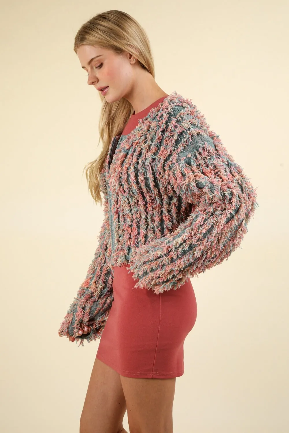 VERY J Shaggy Yarn Knit Zip-Up Jacket – Stylish Outerwear for Women