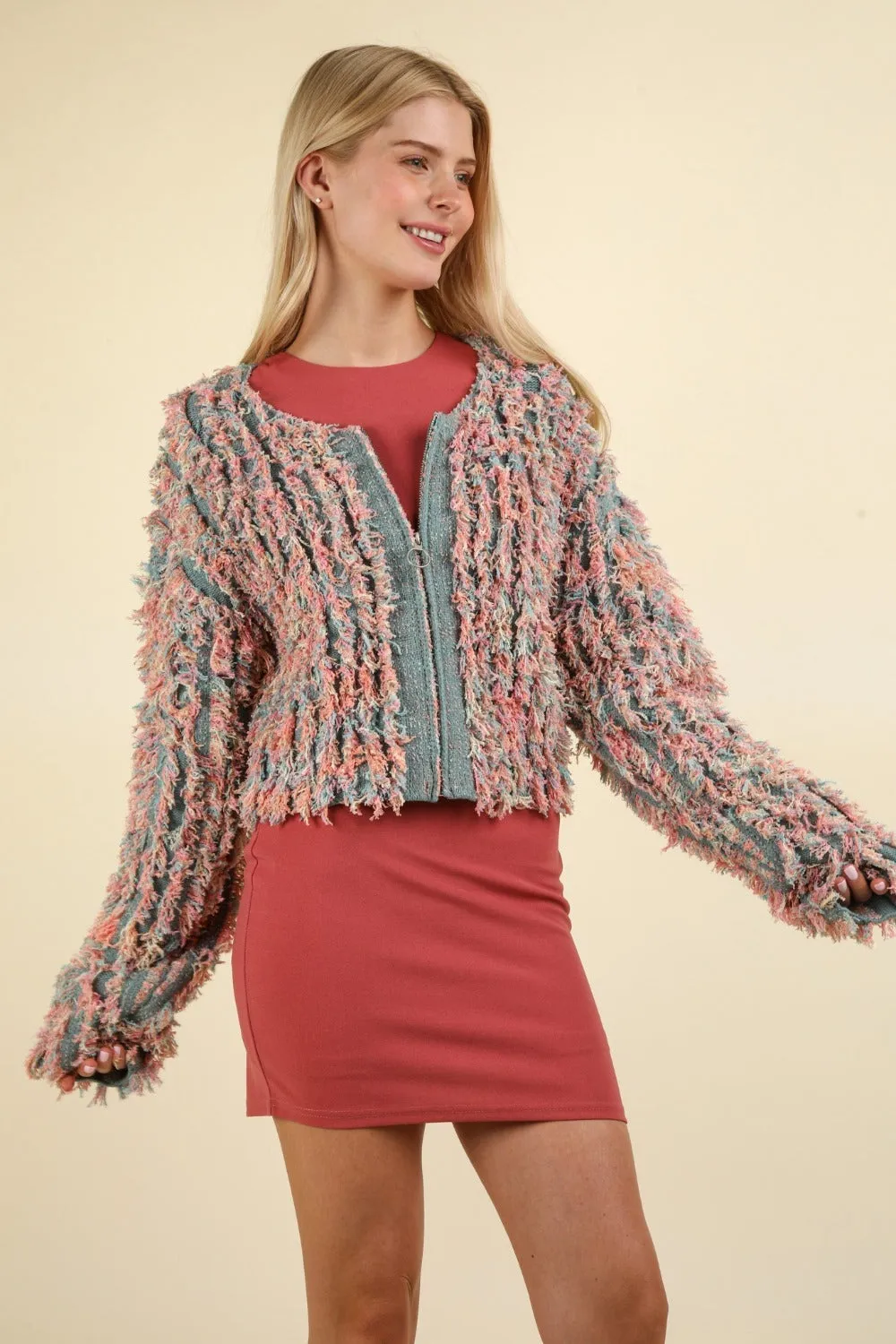 VERY J Shaggy Yarn Knit Zip-Up Jacket – Stylish Outerwear for Women