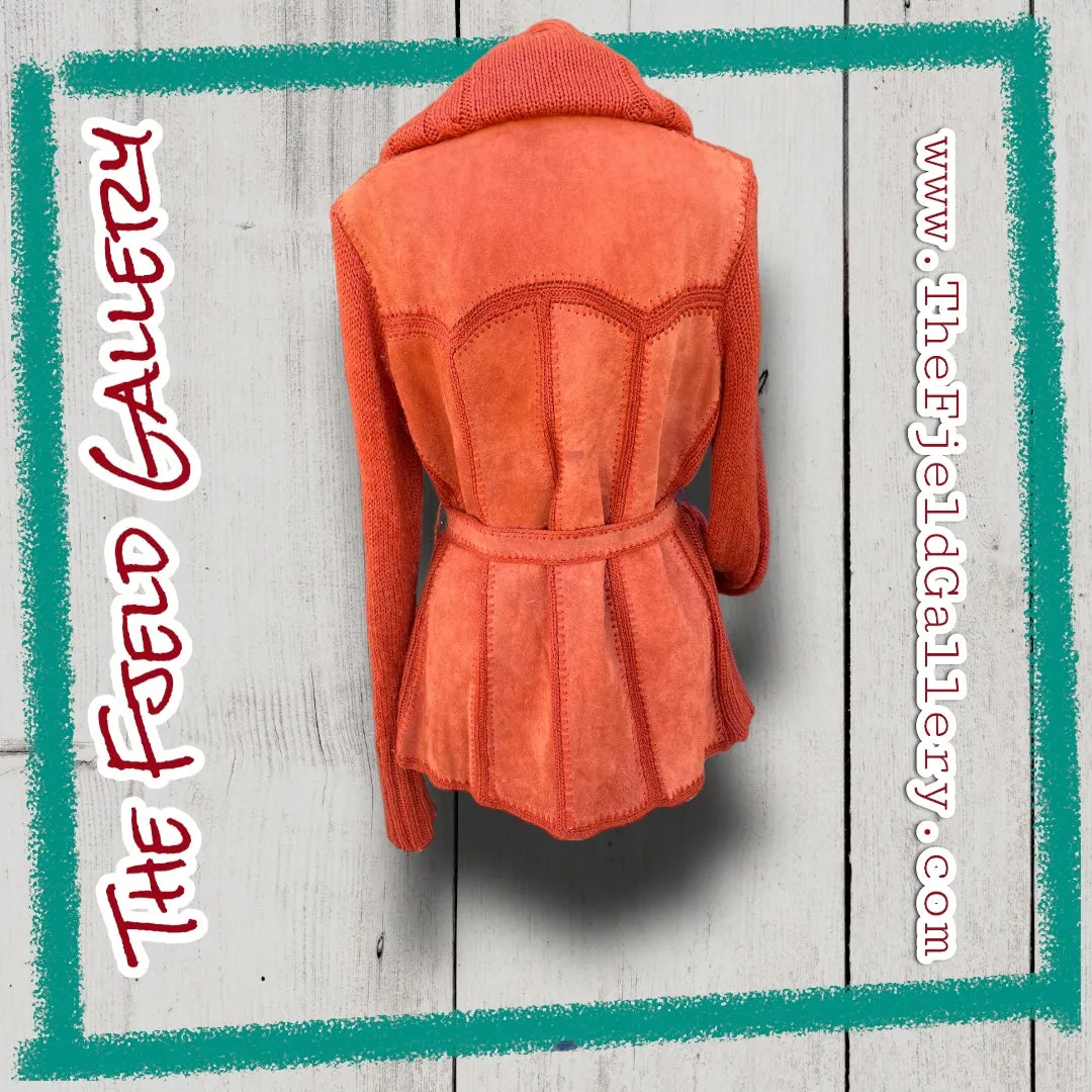 Vintage 1970’s Orange Suede Leather & Sweater Knit Hooded Zip Up Jacket