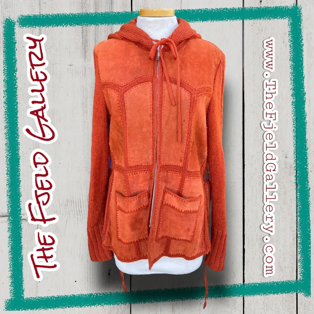 Vintage 1970’s Orange Suede Leather & Sweater Knit Hooded Zip Up Jacket