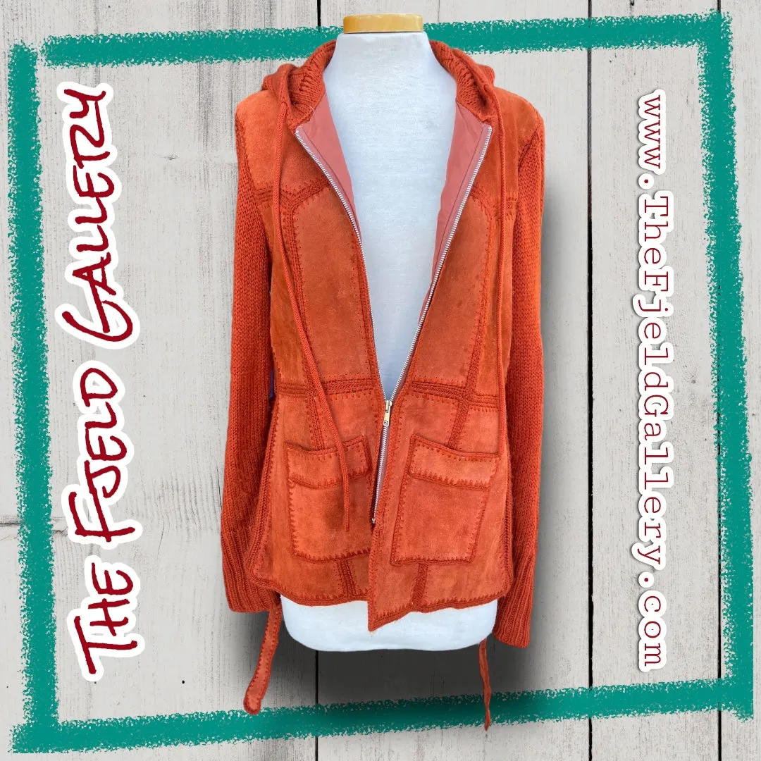 Vintage 1970’s Orange Suede Leather & Sweater Knit Hooded Zip Up Jacket
