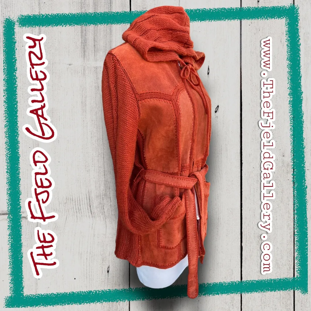 Vintage 1970’s Orange Suede Leather & Sweater Knit Hooded Zip Up Jacket