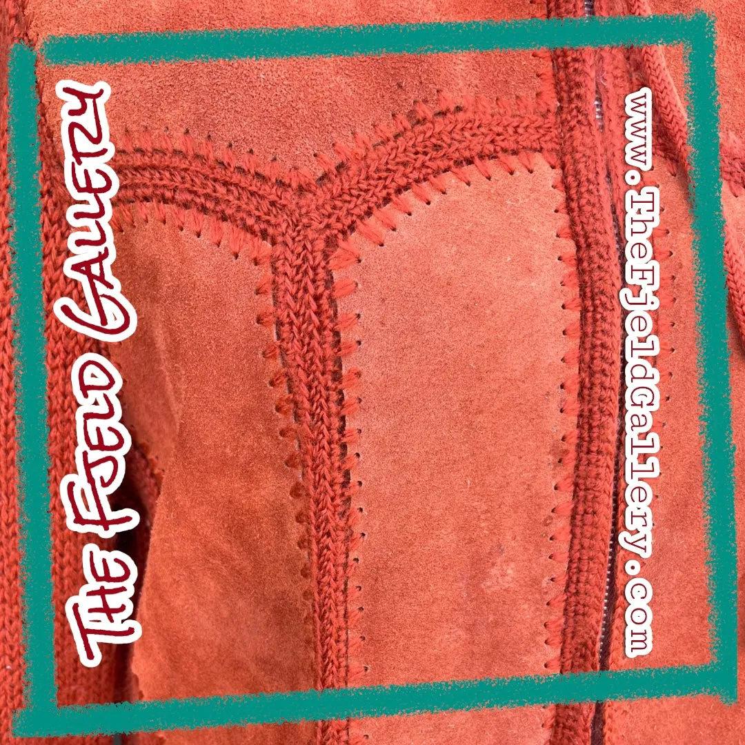Vintage 1970’s Orange Suede Leather & Sweater Knit Hooded Zip Up Jacket