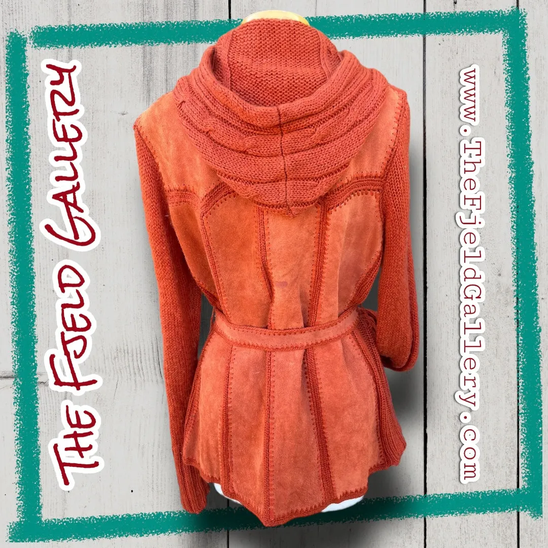 Vintage 1970’s Orange Suede Leather & Sweater Knit Hooded Zip Up Jacket