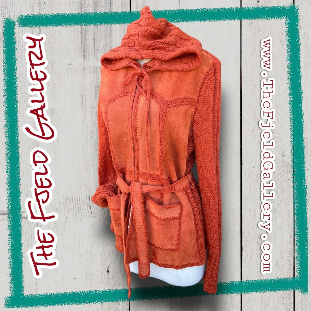 Vintage 1970’s Orange Suede Leather & Sweater Knit Hooded Zip Up Jacket