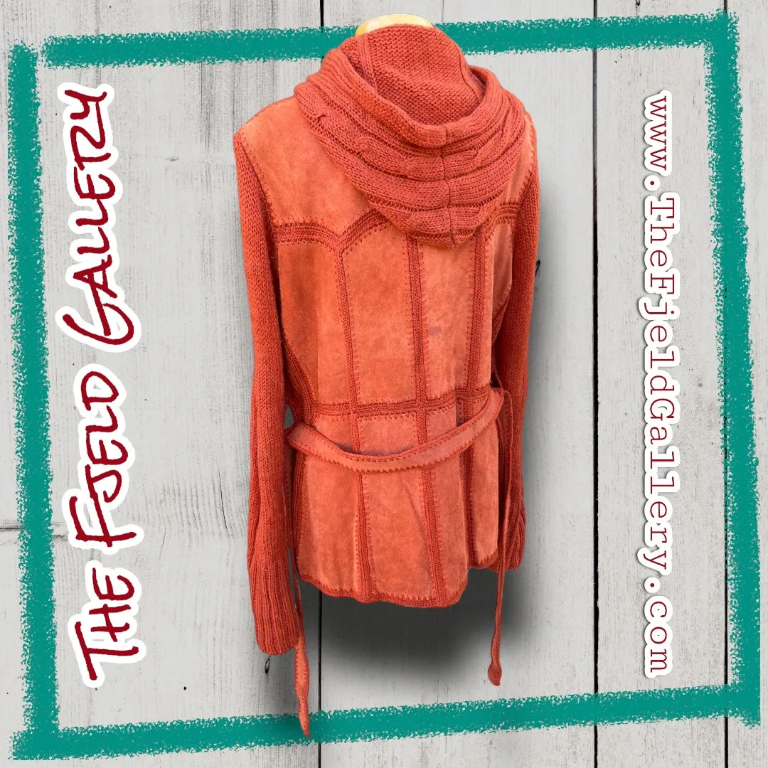 Vintage 1970’s Orange Suede Leather & Sweater Knit Hooded Zip Up Jacket
