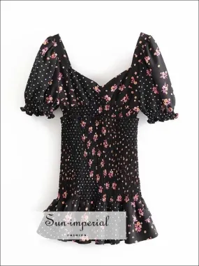 Vintage Black Floral Dot Printed Patchwork Short Sleeve Loose Mini Dress with Ruffle Hem detail