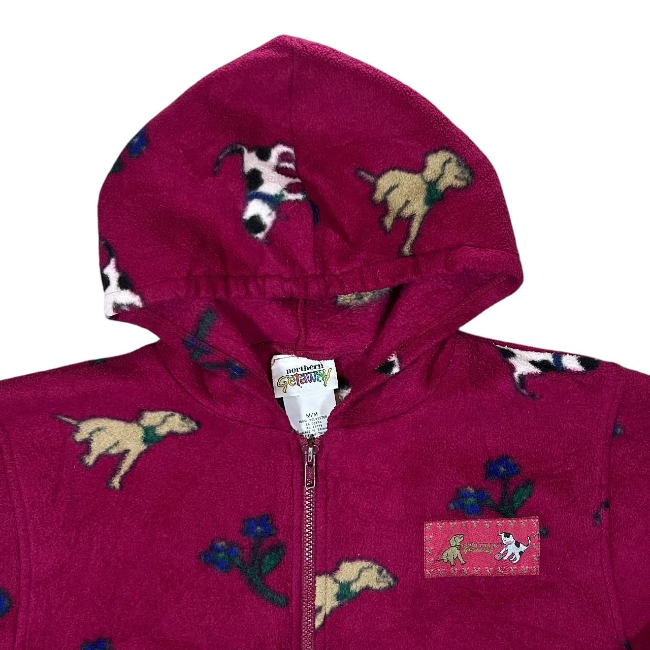 Vintage NORTHERN GETAWAY Cat Dog Flower Patterned Zip Fleece Hoodie
