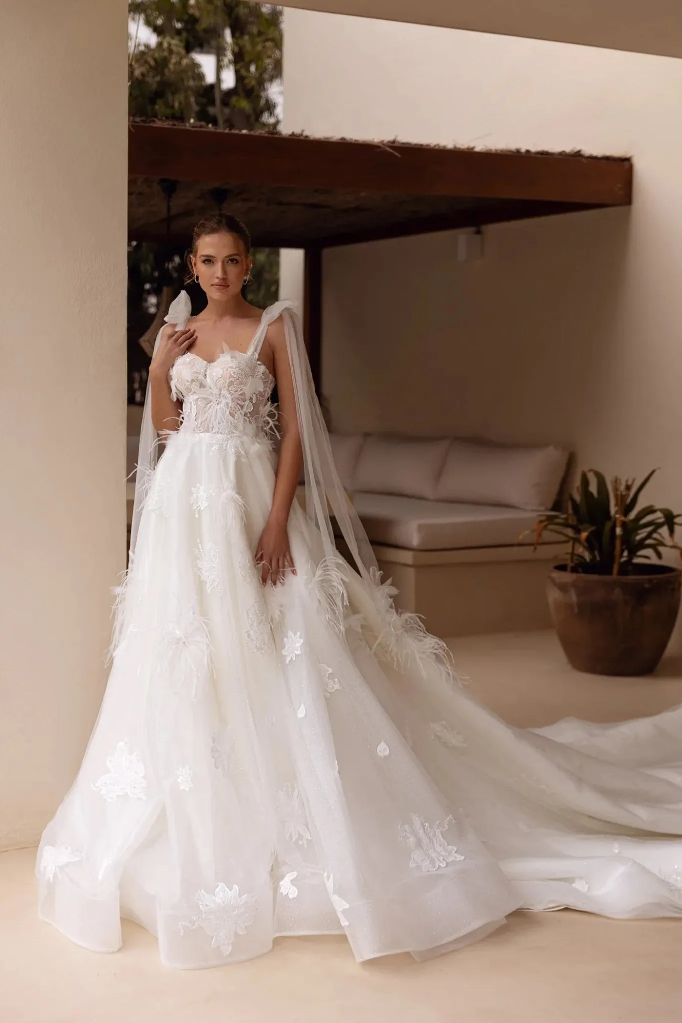 White A-Line Wedding Dress with Plunging Neckline, Floral Embellishments, and Floor-Length Train - Plus Size-Elliot