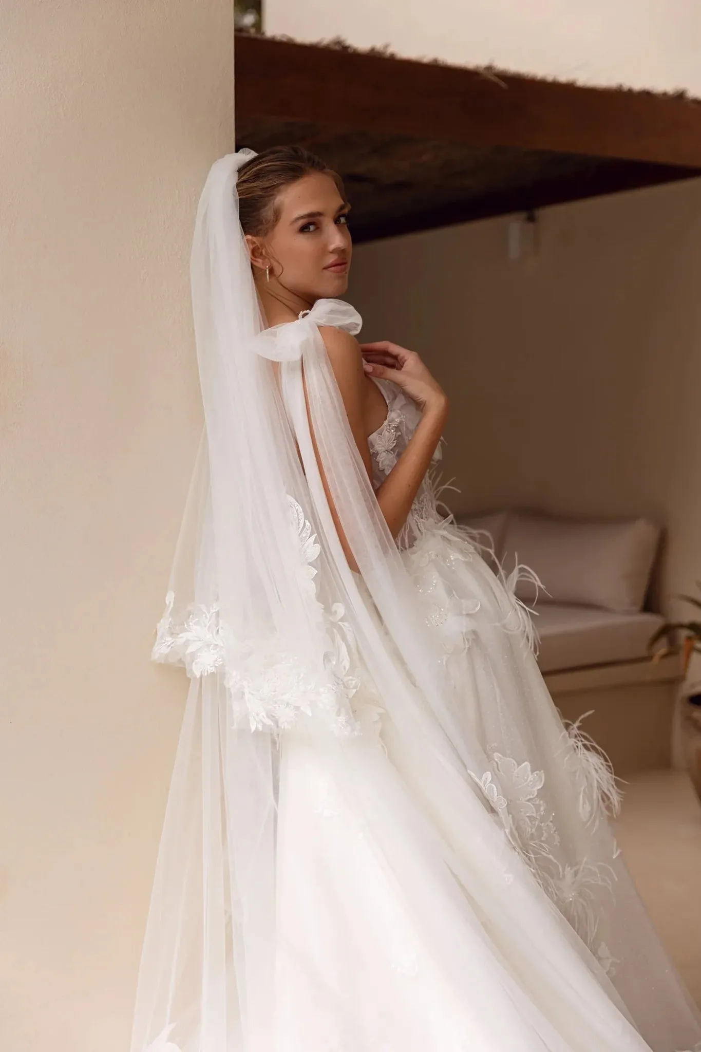 White A-Line Wedding Dress with Plunging Neckline, Floral Embellishments, and Floor-Length Train - Plus Size-Elliot