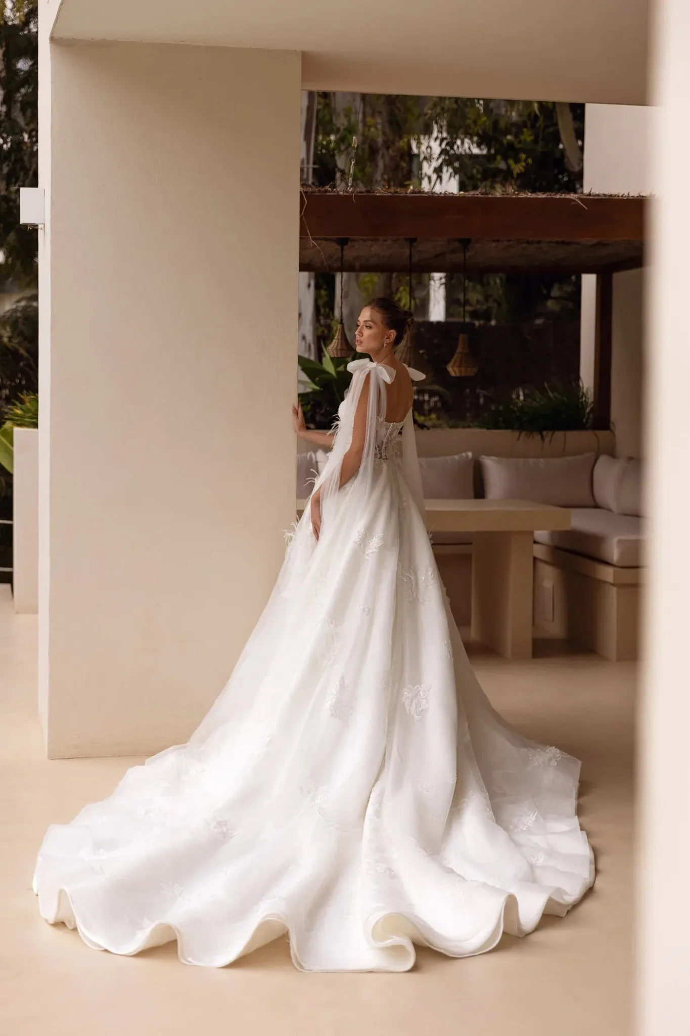 White A-Line Wedding Dress with Plunging Neckline, Floral Embellishments, and Floor-Length Train - Plus Size-Elliot