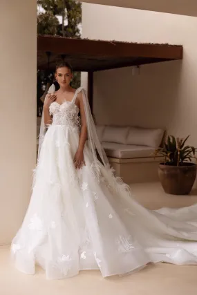 White A-Line Wedding Dress with Plunging Neckline, Floral Embellishments, and Floor-Length Train - Plus Size-Elliot
