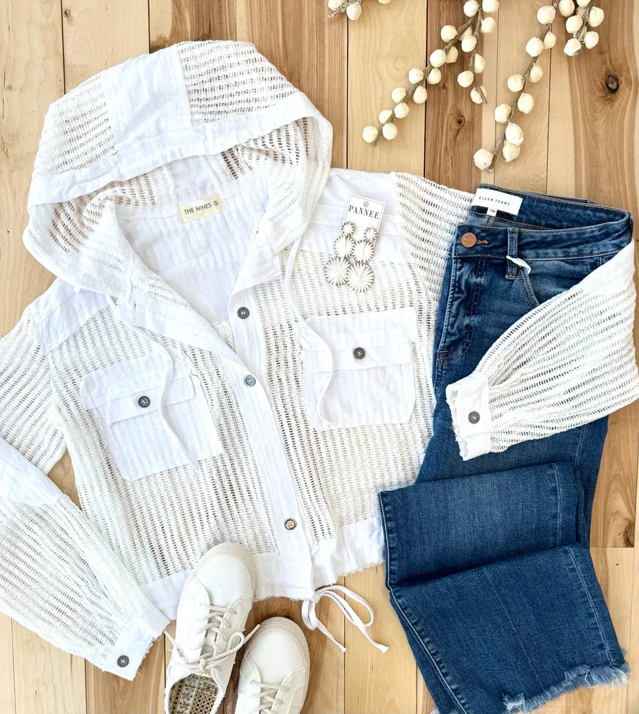 White Open Knit Hoodie Jacket