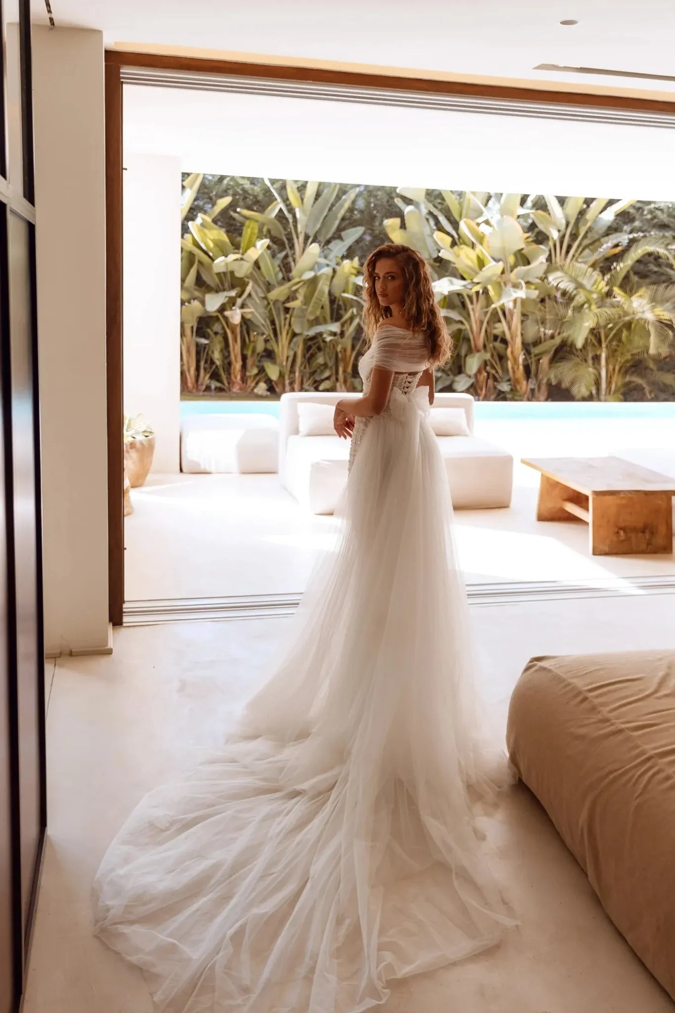 White Short Sheer Off-Shoulder Wedding Dress with Beaded Bodice and Floor-Length Tulle Train - Plus Size-Dalami