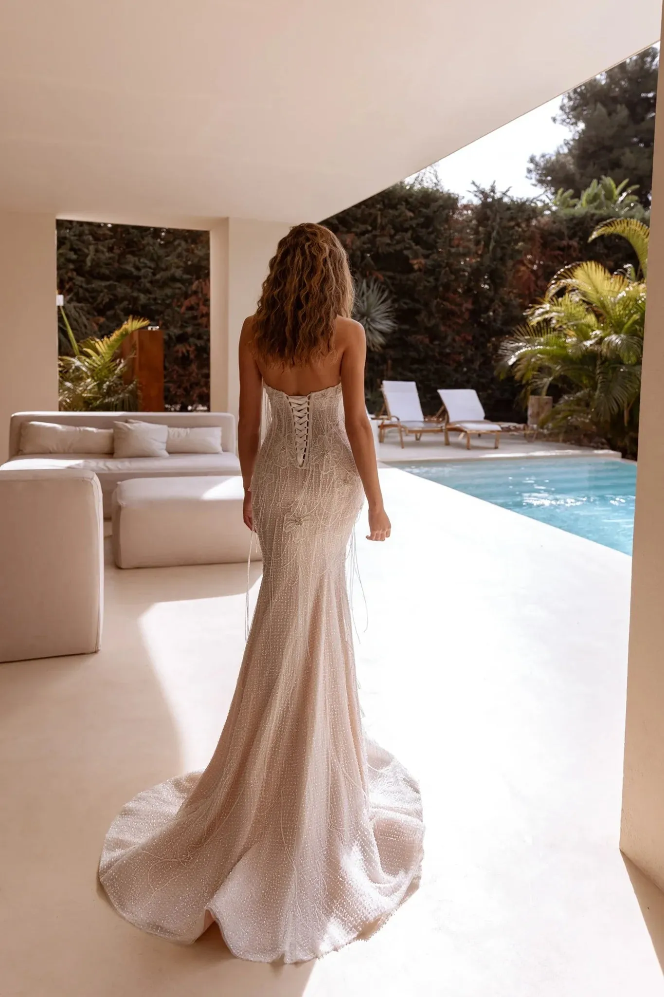 White Strapless Lace Wedding Dress with Subtle Beading and Floor-Length Train - Plus Size-Carlee