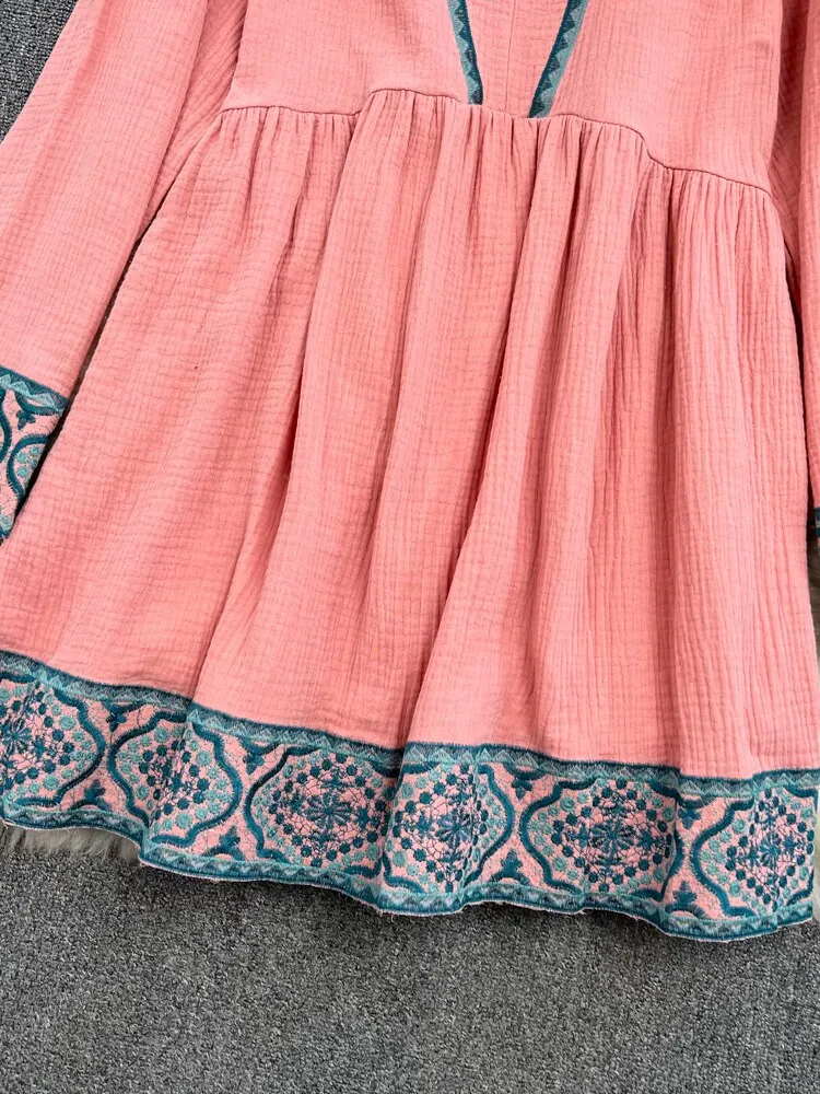 Women Retro Embroidered Mid-length Doll Dress