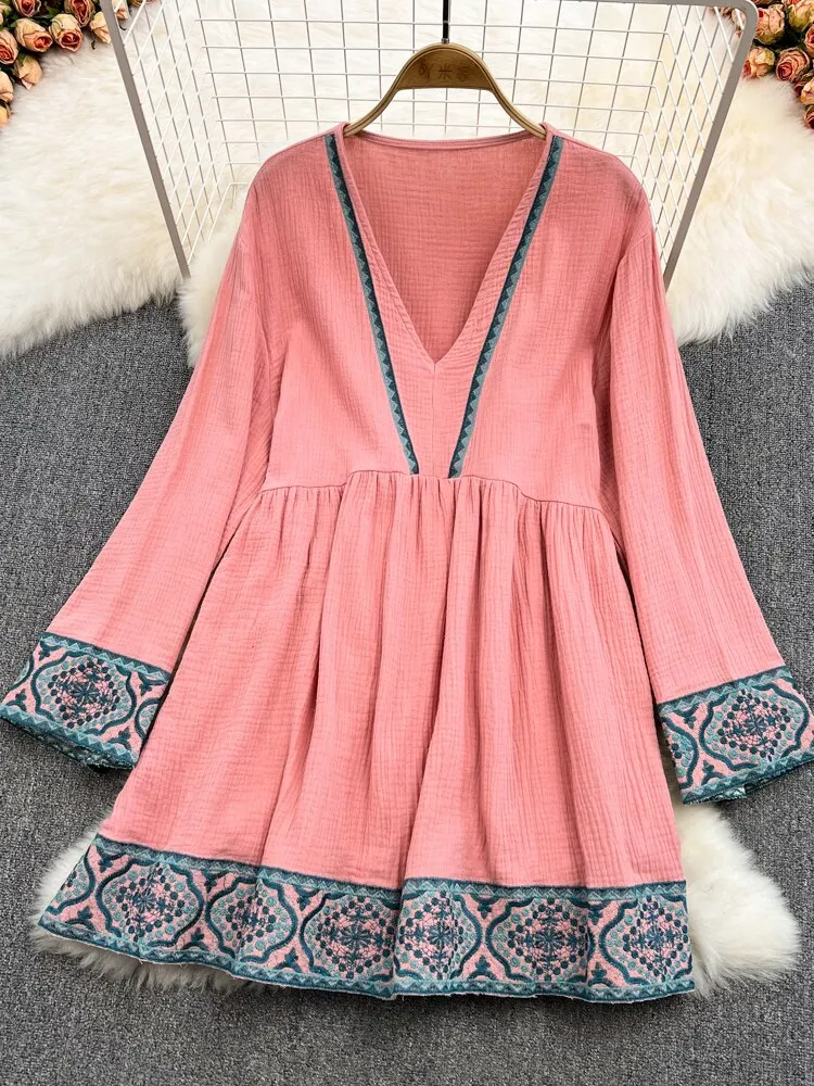 Women Retro Embroidered Mid-length Doll Dress