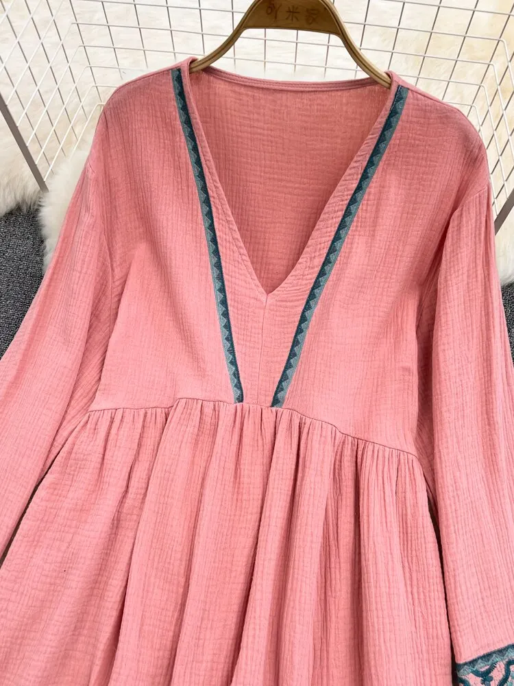 Women Retro Embroidered Mid-length Doll Dress