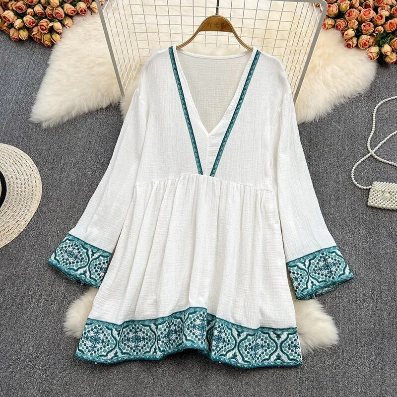 Women Retro Embroidered Mid-length Doll Dress