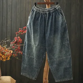 Women Spring Retro Denim Patchwork Loose Harem Pants