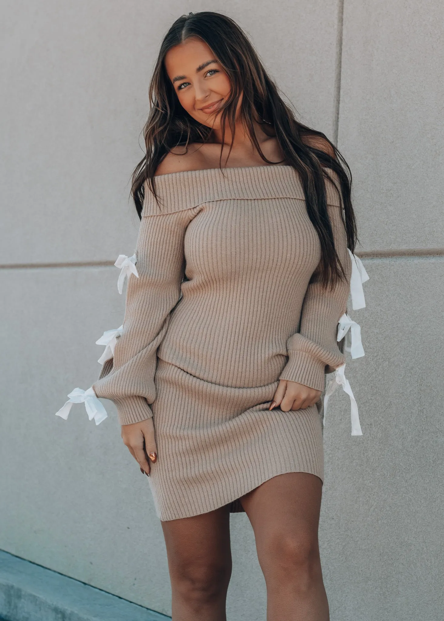 Wrapped with a Bow Taupe Sweater Dress