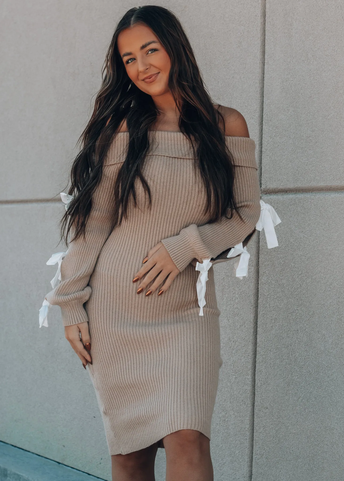 Wrapped with a Bow Taupe Sweater Dress