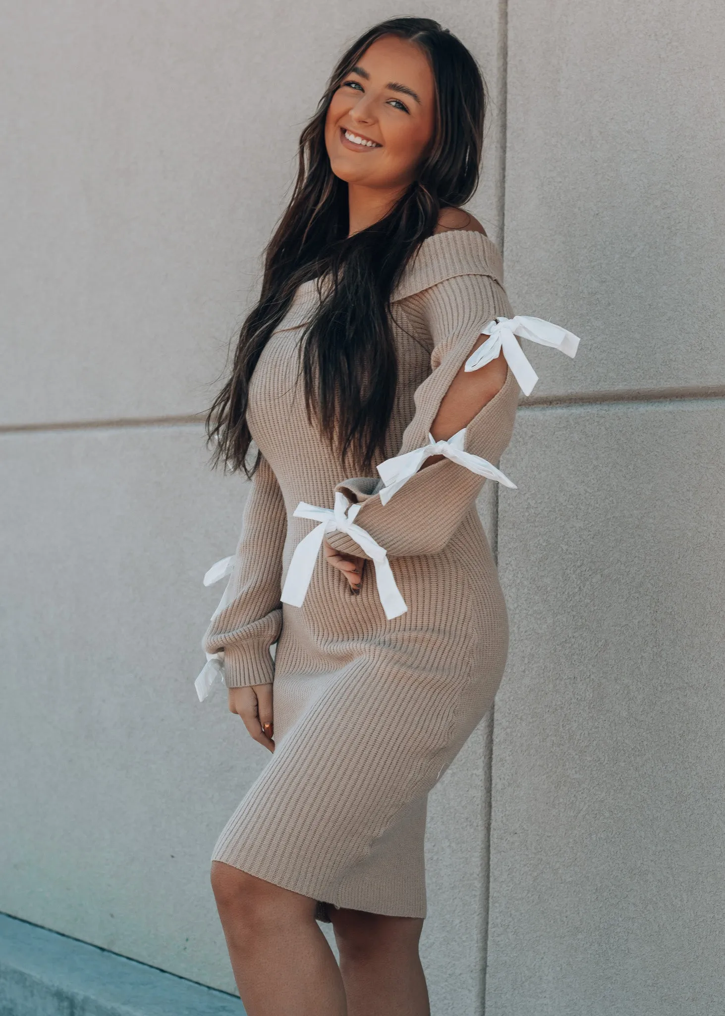 Wrapped with a Bow Taupe Sweater Dress